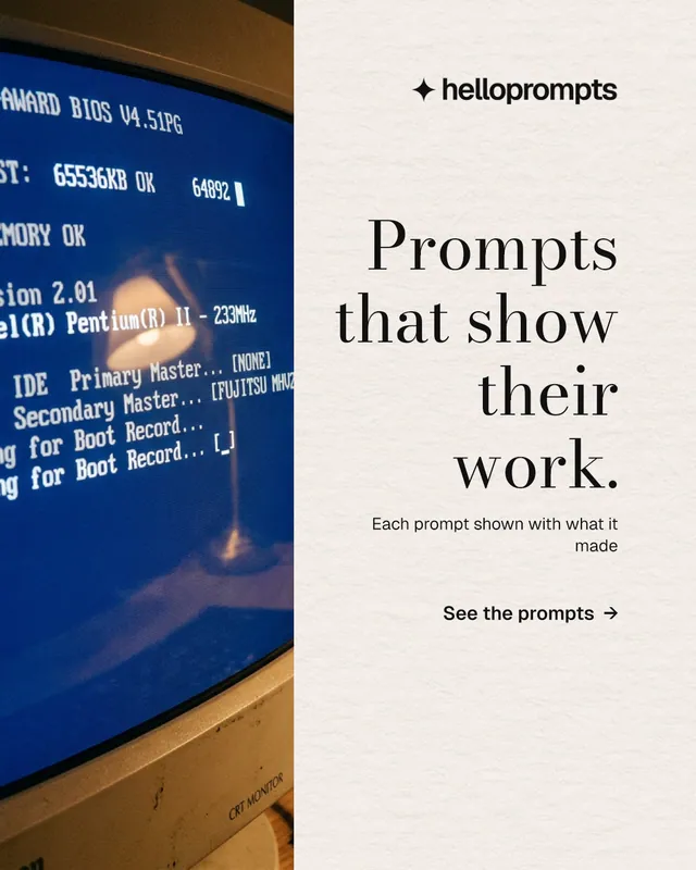 Instagram portrait post for HelloPrompts: "Prompts that show their work." Minimal luxury style, right layout, light palette in blue, white, grey.