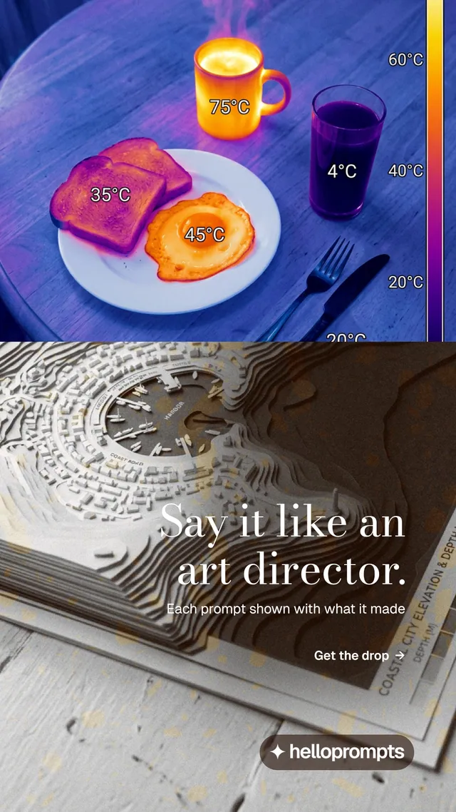 Instagram story for HelloPrompts: "Say it like an art director." Minimal luxury style, right layout, light palette in grey, blue, pink.