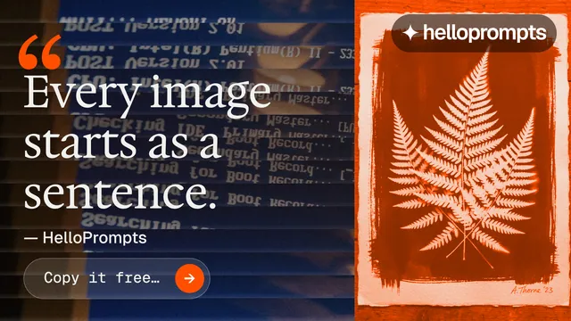 Landscape graphic for HelloPrompts: "The sentence behind the image." Agentic glass style, quote layout, dark palette in blue, black, orange.