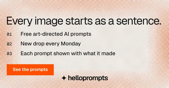 Social ad for HelloPrompts: "Every image starts as a sentence." Swiss style, numbered layout, light palette in orange.