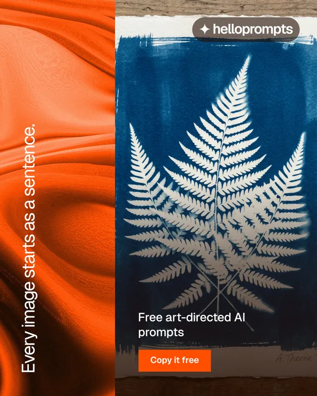 Instagram portrait post for HelloPrompts: "Every image starts as a sentence." Swiss style, vertical layout, dark palette in blue, orange, grey.