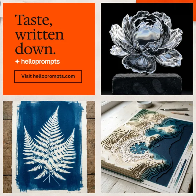 Instagram post for HelloPrompts: "Taste, written down." Editorial style, collage layout, light palette in black, orange, grey.