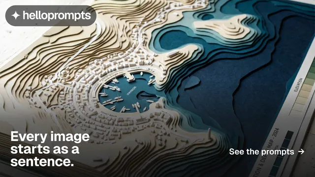 Landscape graphic for HelloPrompts: "Every image starts as a sentence." Brutalist style, image led layout, dark palette in black, grey, blue.