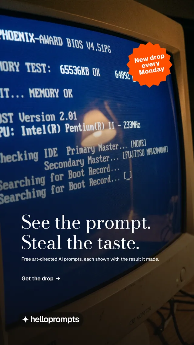 Instagram story for HelloPrompts: "See the prompt. Steal the taste." Minimal luxury style, sticker layout, dark palette in black, blue, grey.