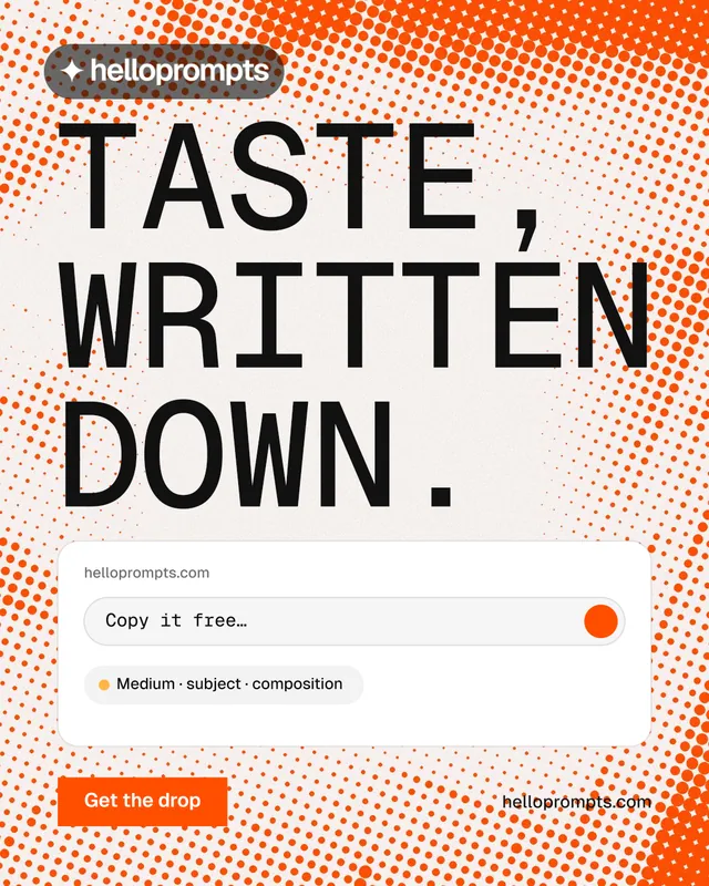 Instagram portrait post for HelloPrompts: "Taste, written down." Retro print style, poster layout, light palette in orange, brown, white.