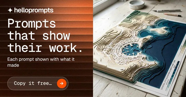 Social ad for HelloPrompts: "Prompts that show their work." Agentic glass style, bottom layout, dark palette in grey, black, orange.