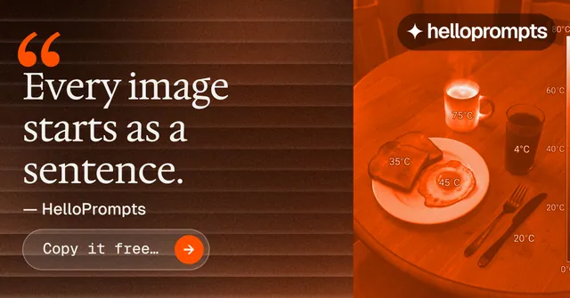 Social ad for HelloPrompts: "Taste, written down." Agentic glass style, quote layout, dark palette in orange, brown.