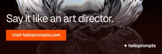 X header for HelloPrompts: "Say it like an art director." Swiss style, skeleton layout, dark palette in red, grey, black.