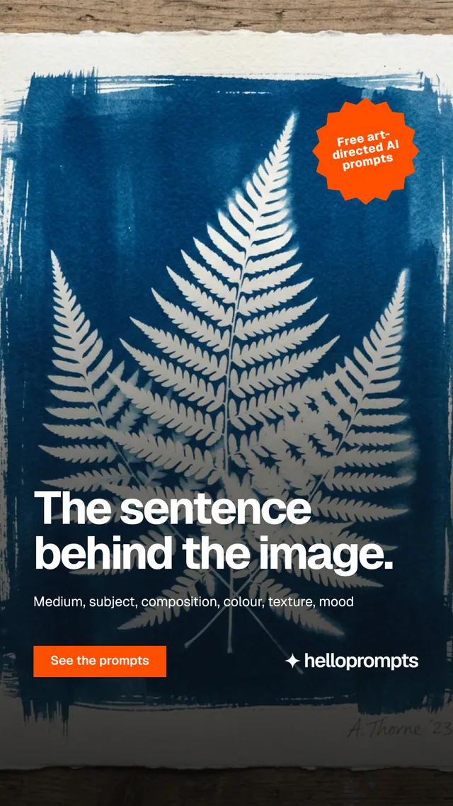 Instagram story for HelloPrompts: "The sentence behind the image." Swiss style, sticker layout, dark palette in black, blue, grey.