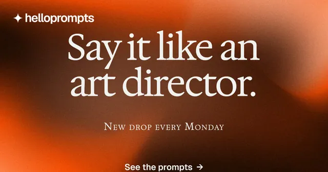 Social ad for HelloPrompts: "Say it like an art director." Agentic glass style, smallcaps layout, dark palette in orange, brown.
