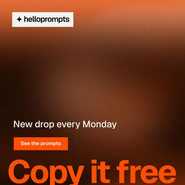 Instagram post for HelloPrompts: "Prompts that show their work." Swiss style, oversized layout, dark palette in orange, black.