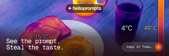 X header for HelloPrompts: "See the prompt. Steal the taste." Agentic glass style, image led layout, dark palette in purple, pink, blue.