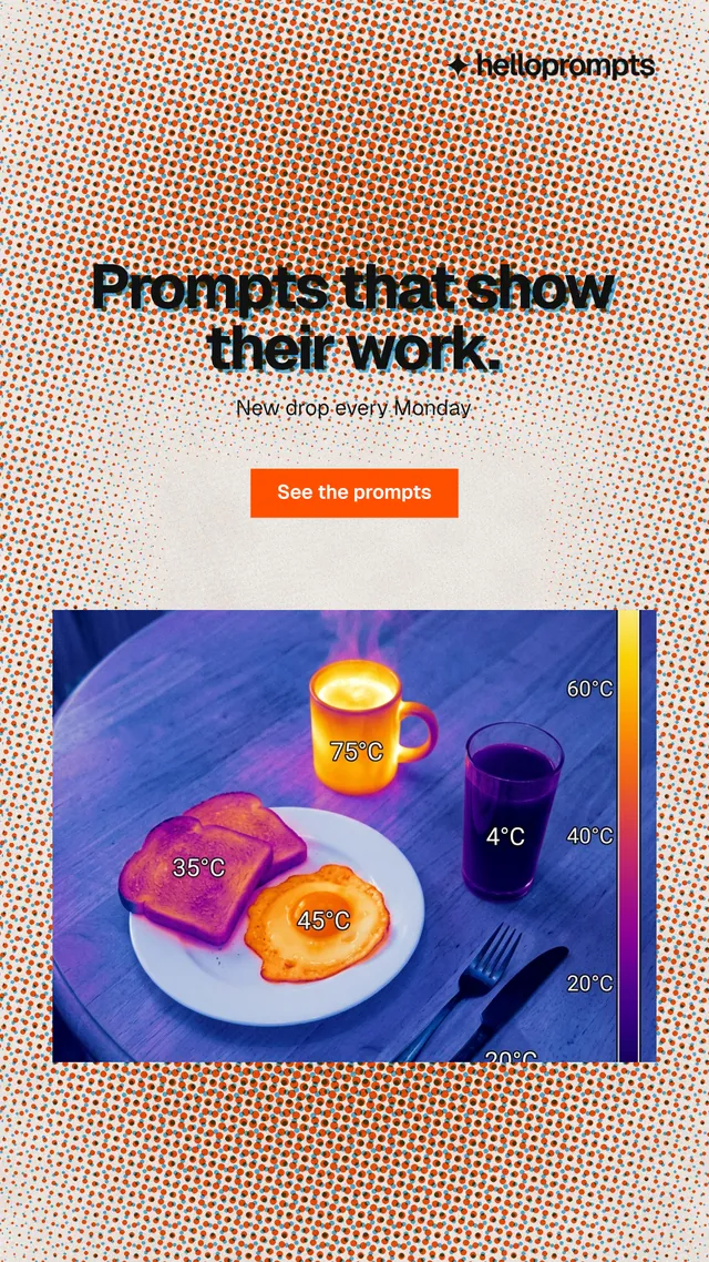 Instagram story for HelloPrompts: "Prompts that show their work." Swiss style, centred layout, light palette in blue, red, orange.