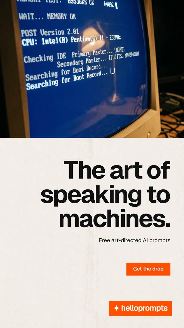 Instagram story for HelloPrompts: "The art of speaking to machines." Swiss style, right layout, light palette in white, blue, grey.