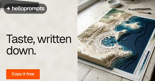 Social ad for HelloPrompts: "Taste, written down." Swiss style, bottom layout, light palette in white, grey.