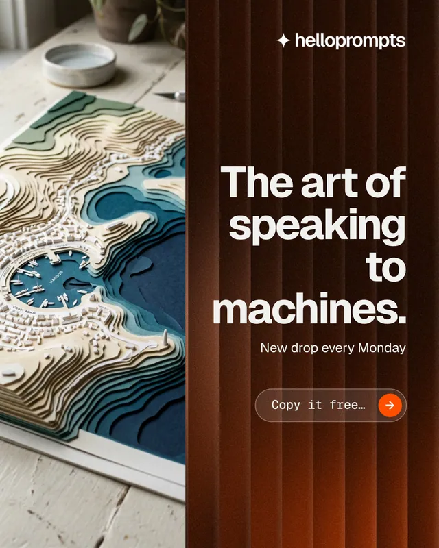 Instagram portrait post for HelloPrompts: "The art of speaking to machines." Agentic glass style, right layout, dark palette in grey, black, orange.