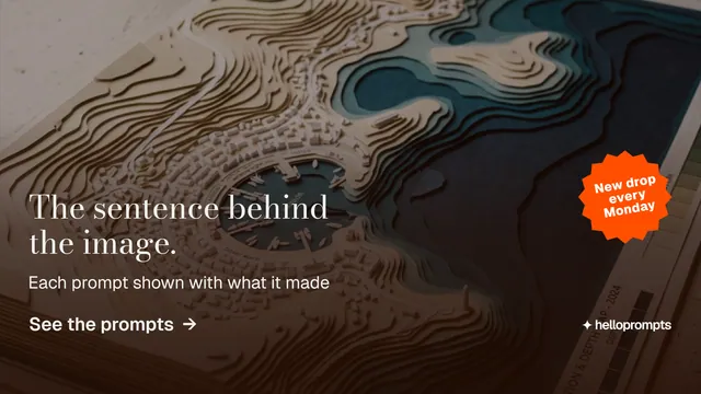 Landscape graphic for HelloPrompts: "The sentence behind the image." Minimal luxury style, sticker layout, dark palette in grey, orange, black.