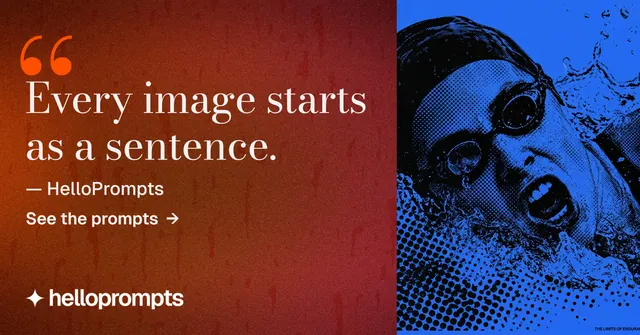 Social ad for HelloPrompts: "The sentence behind the image." Minimal luxury style, quote layout, dark palette in red, blue.