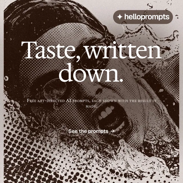 Instagram post for HelloPrompts: "Taste, written down." Swiss style, smallcaps layout, dark palette in grey, orange.