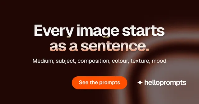 Social ad for HelloPrompts: "Every image starts as a sentence." Y2K style, centred layout, dark palette in black, grey, red.