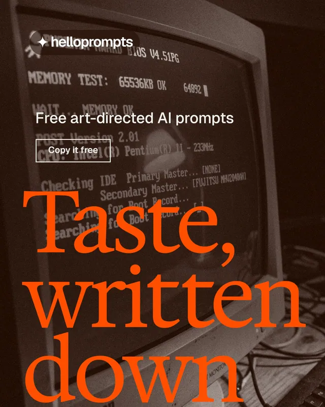 Instagram portrait post for HelloPrompts: "Taste, written down." Editorial style, oversized layout, dark palette in orange, black, brown.
