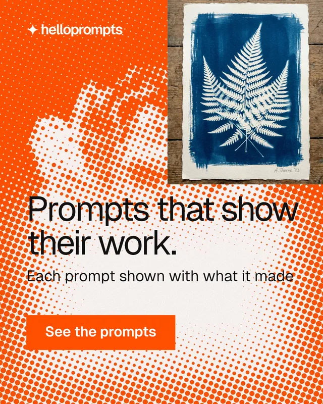 Instagram portrait post for HelloPrompts: "Prompts that show their work." Split block style, skeleton layout, light palette in orange, grey.