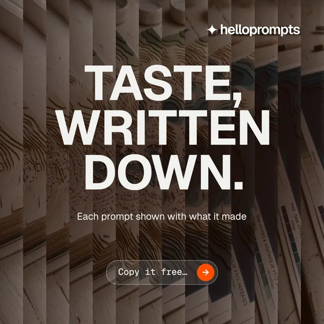 Instagram post for HelloPrompts: "Taste, written down." Agentic glass style, centred layout, dark palette in orange, grey, black.