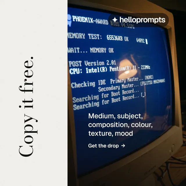 Instagram post for HelloPrompts: "Copy it free." Minimal luxury style, vertical layout, light palette in white, blue, black.
