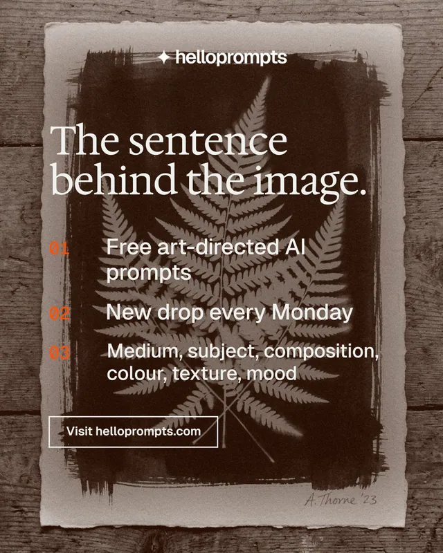 Instagram portrait post for HelloPrompts: "The sentence behind the image." Editorial style, numbered layout, dark palette in orange, grey.