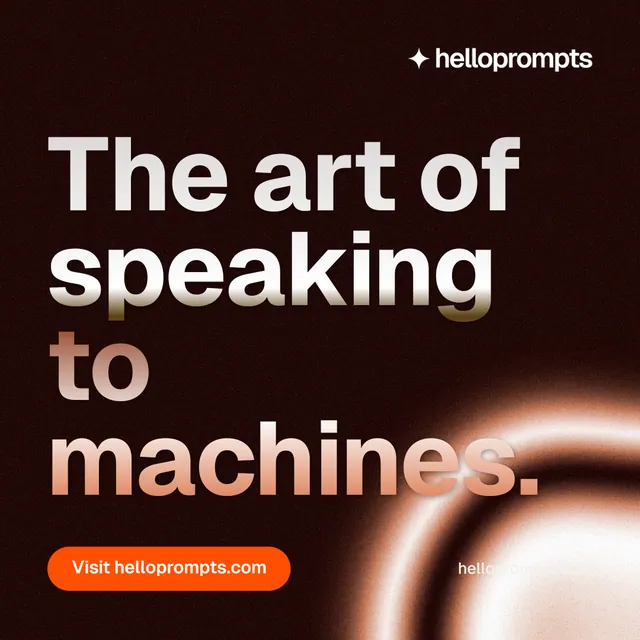 Instagram post for HelloPrompts: "The art of speaking to machines." Y2K style, poster layout, dark palette in black, orange.