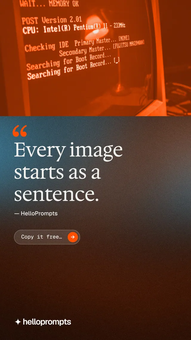 Instagram story for HelloPrompts: "Prompts that show their work." Agentic glass style, quote layout, dark palette in orange, grey.