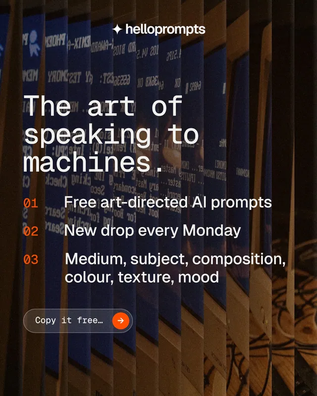 Instagram portrait post for HelloPrompts: "The art of speaking to machines." Agentic glass style, numbered layout, dark palette in black, orange, grey.