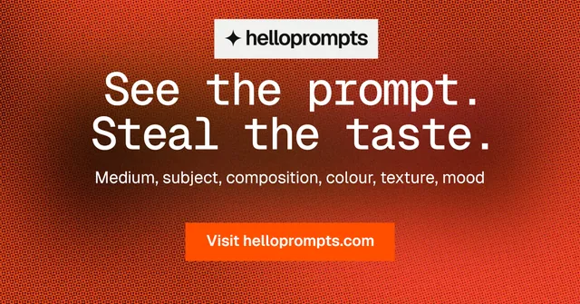 Social ad for HelloPrompts: "See the prompt. Steal the taste." Swiss style, centred layout, dark palette in red, orange.