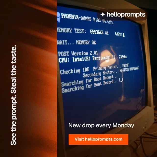 Instagram post for HelloPrompts: "See the prompt. Steal the taste." Swiss style, vertical layout, dark palette in orange, black, red.