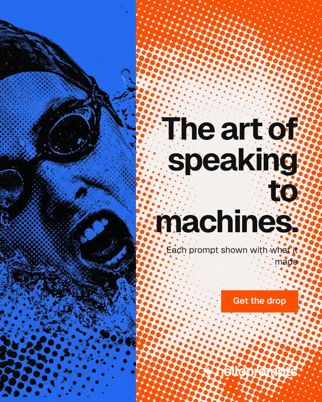 Instagram portrait post for HelloPrompts: "The art of speaking to machines." Split block style, right layout, light palette in orange, blue.