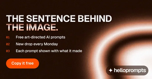 Social ad for HelloPrompts: "The sentence behind the image." Y2K style, numbered layout, dark palette in black, orange.