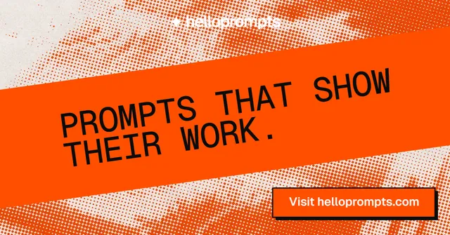 Social ad for HelloPrompts: "Prompts that show their work." Brutalist style, diagonal layout, light palette in orange.