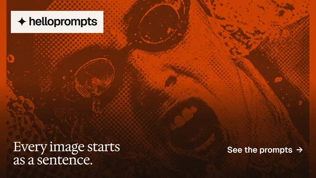 Landscape graphic for HelloPrompts: "Every image starts as a sentence." Editorial style, image led layout, dark palette in orange, black.