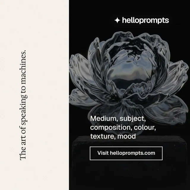 Instagram post for HelloPrompts: "The art of speaking to machines." Editorial style, vertical layout, dark palette in white, black, grey.