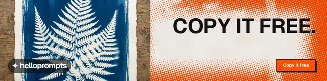 LinkedIn banner for HelloPrompts: "Copy it free." Brutalist style, right layout, light palette in orange, grey.