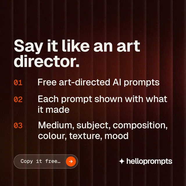 Instagram post for HelloPrompts: "Say it like an art director." Agentic glass style, numbered layout, dark palette in black, red, grey.