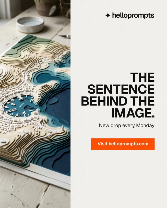 Instagram portrait post for HelloPrompts: "The sentence behind the image." Swiss style, right layout, light palette in white, grey.