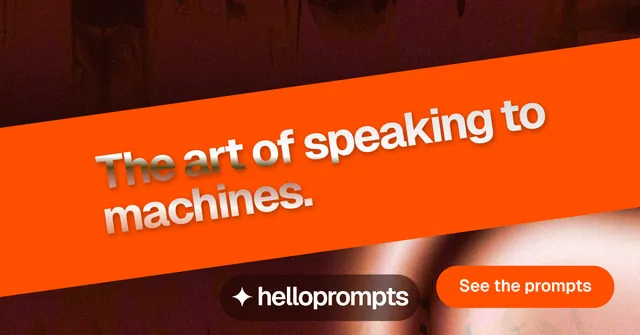 Social ad for HelloPrompts: "The art of speaking to machines." Y2K style, diagonal layout, dark palette in orange, red.