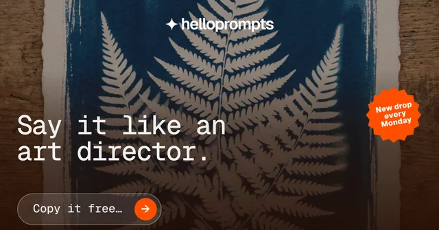 Social ad for HelloPrompts: "Say it like an art director." Agentic glass style, sticker layout, dark palette in orange, blue, grey.