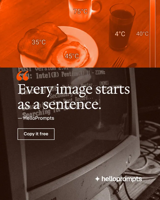 Instagram portrait post for HelloPrompts: "Copy it free." Editorial style, quote layout, dark palette in black, orange, brown.