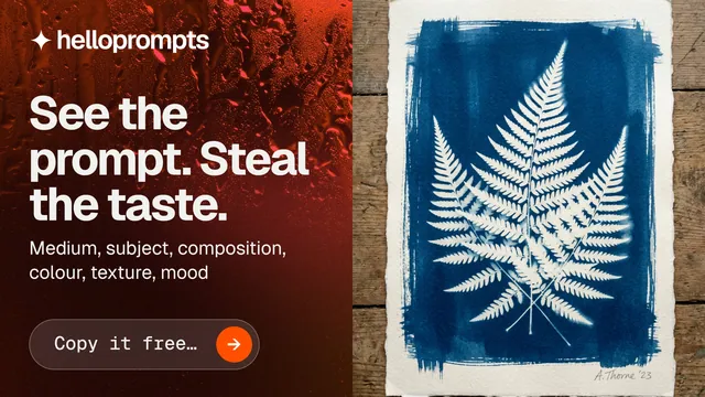 Landscape graphic for HelloPrompts: "See the prompt. Steal the taste." Agentic glass style, bottom layout, dark palette in red, grey, blue.