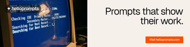 LinkedIn banner for HelloPrompts: "Prompts that show their work." Swiss style, right layout, light palette in white, blue, grey.
