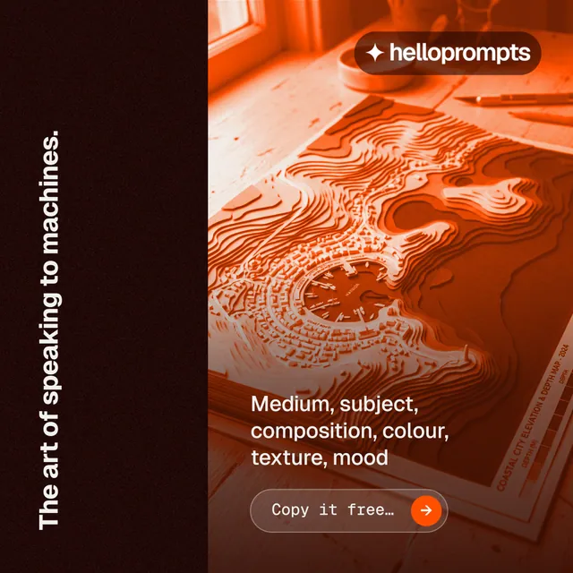 Instagram post for HelloPrompts: "The art of speaking to machines." Agentic glass style, vertical layout, dark palette in orange, black.