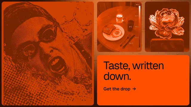 Landscape graphic for HelloPrompts: "Taste, written down." Agentic glass style, collage layout, dark palette in orange.