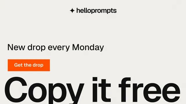 Landscape graphic for HelloPrompts: "Copy it free." Swiss style, oversized layout, light palette in white, grey.